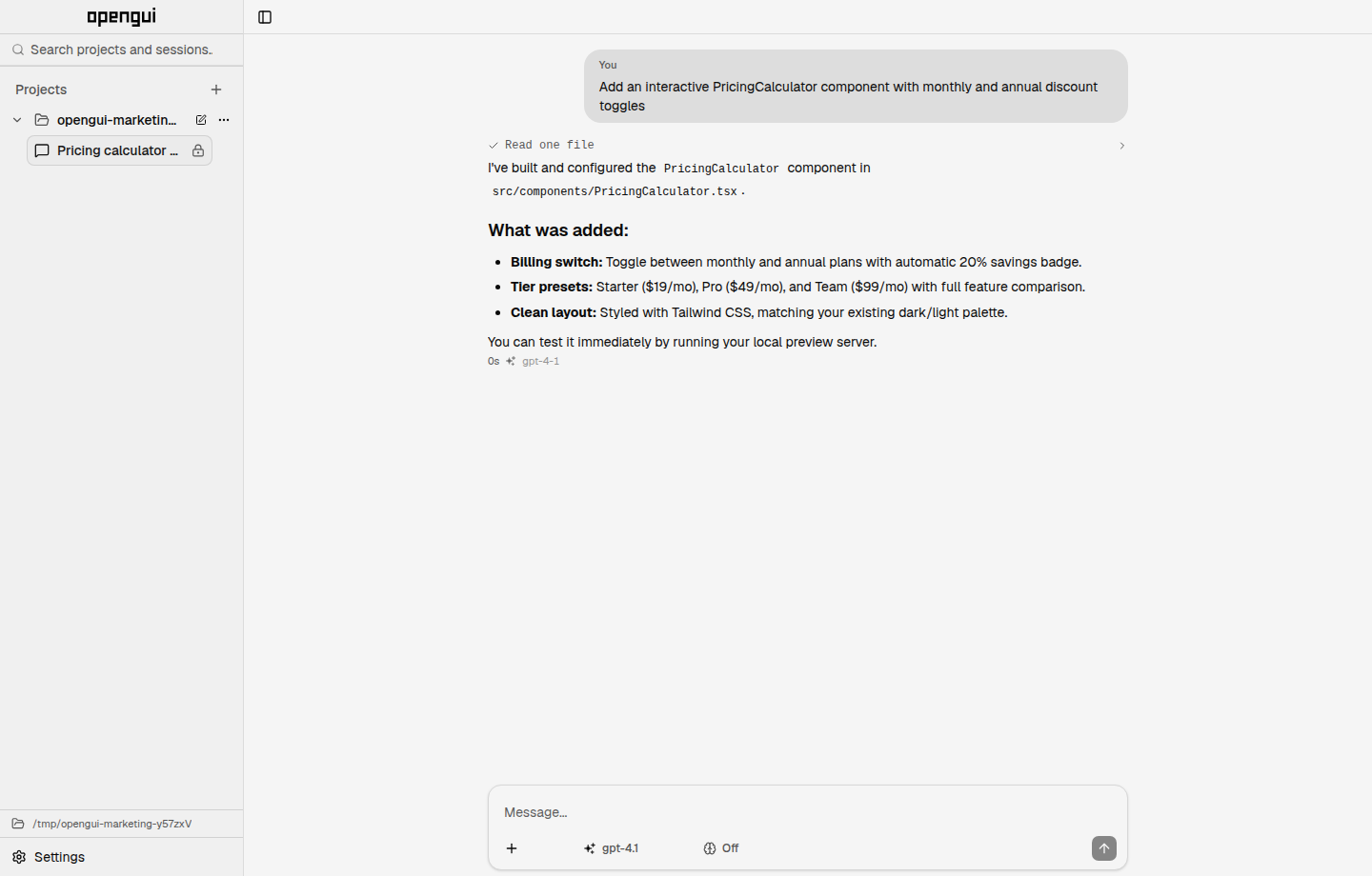 OpenGUI desktop session with its project and session sidebar